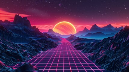 A vibrant synthwave landscape with a neon glow retro-futuristic in style