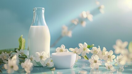 Fototapeta na wymiar A wholesome scene featuring fresh milk in a clear glass bottle and cup complemented by delicate white blossoms