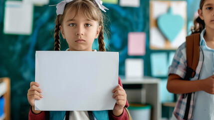Criança triste segurando um cartas em branco na sala de aula 