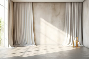 A blank white concrete texture wall with a curtain on a windows with natural light