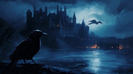 a black bird sitting on a ledge in front of a castle - Powered by Adobe