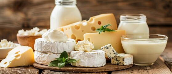 A wholesome spread of various dairy products including cheese milk