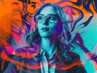 A woman with glasses is looking at the camera in a colorful background. The image has a vibrant and energetic feel to it, with the woman's gaze and the colorful background creating a sense of focus
