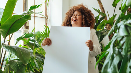 Mulher afro plus size sorrindo vestindo terno branco segurando um cartaz em branco em um ambiente cheio de plantas tropicais - obrazy, fototapety, plakaty