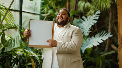 Homem plus size sorrindo vestindo terno branco segurando um cartaz em branco em um ambiente cheio de plantas tropicais - obrazy, fototapety, plakaty