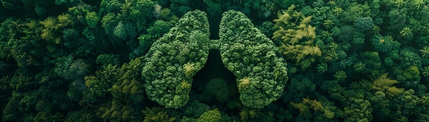 An aerial view of a lush green landscape naturally forming the shape of lungs - obrazy, fototapety, plakaty