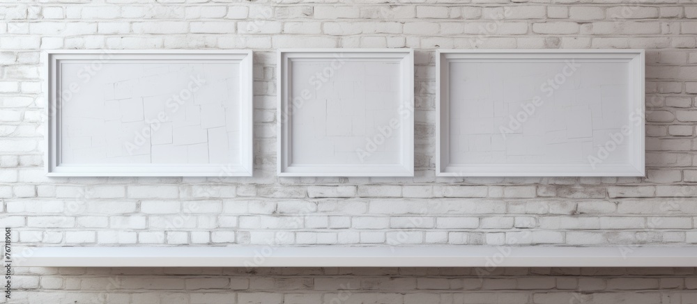 Poster two rectangle white frames hang in parallel on a white brick wall, creating a symmetrical pattern. t