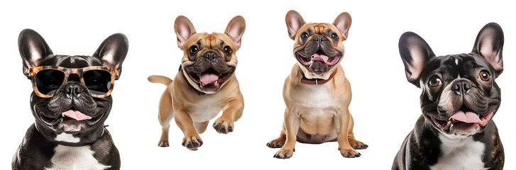 Obraz premium Series of Happy French Bulldog: Dog Exhibiting Different Styles - Running, Playing, Jumping, Sitting, Close Up, Sunglasses Dog, Isolated on Transparent Background, PNG