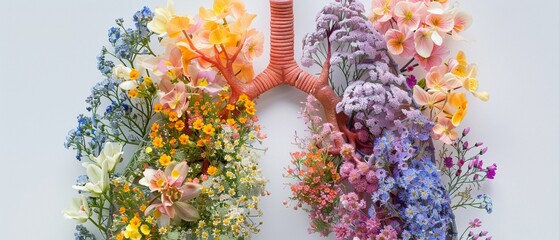 An intricate artwork of human lungs composed of a variety of colorful flowers and plants