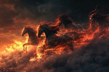 Through a world ablaze, horses with fiery manes race the wind, their beauty a fierce blaze against the dark , 3D illustration - obrazy, fototapety, plakaty