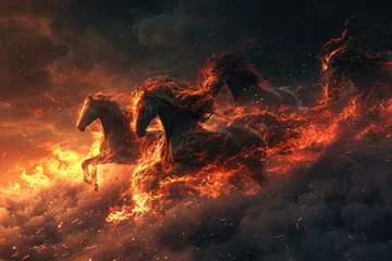Fotobehang Through a world ablaze, horses with fiery manes race the wind, their beauty a fierce blaze against the dark , 3D illustration © Pungu x