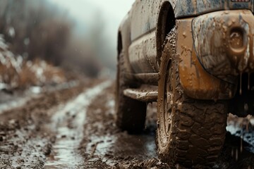 The offroader is driving across the field and mud is in the way, splashes of slush are flying in all directions. Poor road quality in countryside.