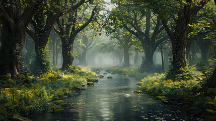captivating digital masterpiece featuring a fairytale enchanted forest, with towering trees cloaked in verdant foliage and a serene river winding its way through the lush landscape - obrazy, fototapety, plakaty