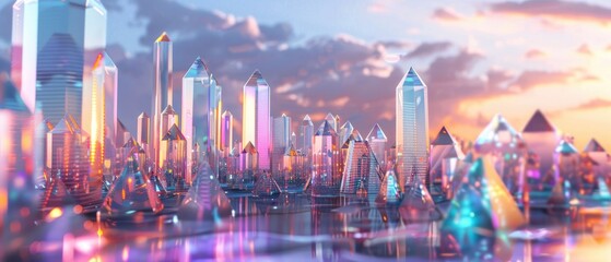 A holographic crystal cityscape, with miniature crystal buildings under a shimmering holographic sky that shifts from day to night , 3D illustration