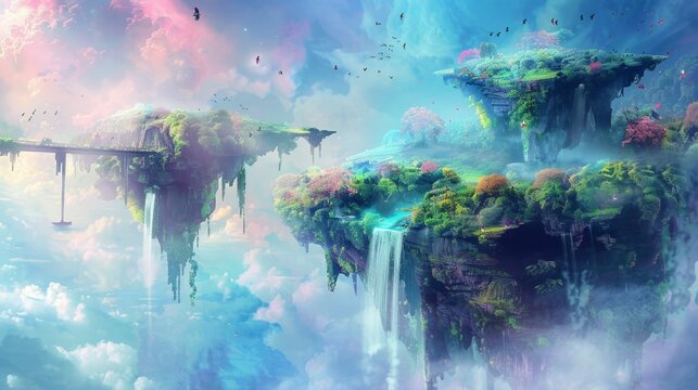 A beautiful, colorful, and lush landscape with a bridge and a waterfall. The sky is filled with clouds and birds flying around