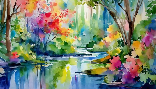 watercolor painting of the nature.a modern wallpaper that reflects the concept of "home" as a sanctuary of peace and relaxation. Incorporate gentle patterns inspired by nature, such as flowing water o