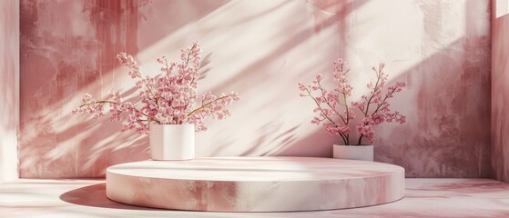 Contemporary minimalistic advertising podium in blush pink, offering a soft and modern appeal with a hint of romance , 3D illustration