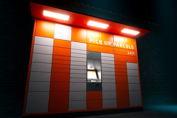 Modern 24/7 Automated Parcel Pickup Station in Urban Setting, Illuminated