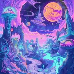 A colorful painting of a space scene with a large yellow moon. The painting is full of bright colors and has a dreamy, otherworldly feel to it