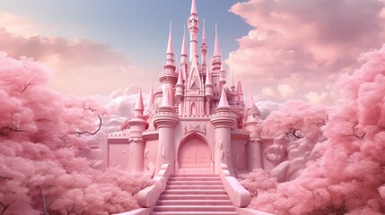 a pink castle with stairs leading up to it