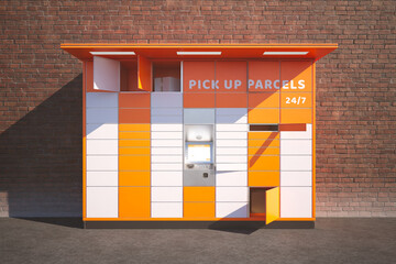 24/7 Automated Parcel Pickup Station Against Weathered Brick Wall, Urban Service © Dabarti