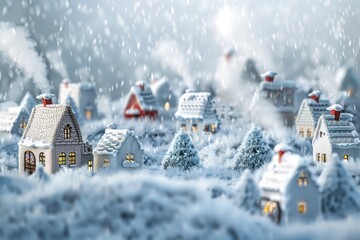 Handknitted village houses in a winter wonderland, smoke rising from chimneys into the crisp air , 3D illustration