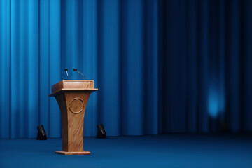 Speech by a politician, stand for speaking with microphones. Elections, Political debates, struggle...