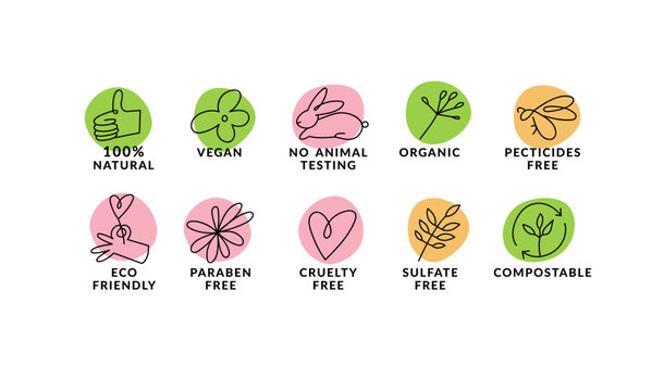 Vector set linear icons, logos or labels for natural and organic products. Outline symbols for food and cosmetics