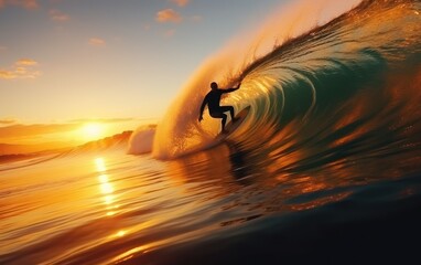 Surfer rides the ocean wave during sunset