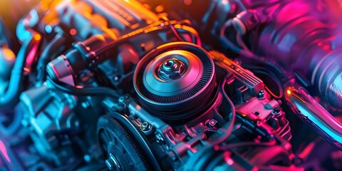 An In-Depth View of a Car Engine in Action: Exploring Internal Mechanics and Combustion Process with Vibrant Colors. Concept Car Engineering, Internal Mechanics, Combustion Process, Vibrant Colors