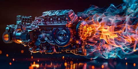Detailed crosssection of a car engine in operation showcasing internal mechanics and combustion process in vibrant colors. Concept Car Engine Anatomy, Internal Mechanics, Combustion Process - obrazy, fototapety, plakaty
