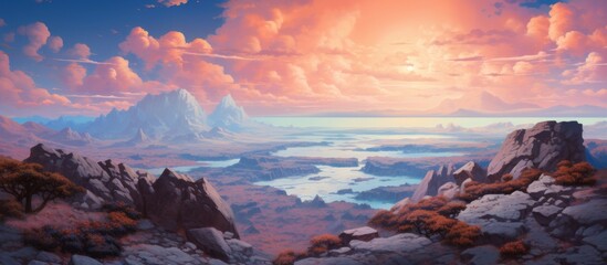 A breathtaking painting of a natural landscape featuring mountains, a river, and fluffy cumulus clouds in the sky, capturing the beauty of natures geological phenomenon
