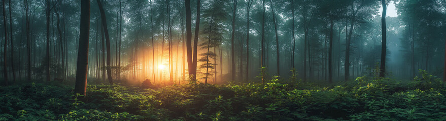 Mystical Morning Light Piercing Through Foggy Forest
 - obrazy, fototapety, plakaty
