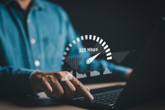 Internet connection speed test bandwidth network technology, Man use fast internet high speed on smartphone or laptop computer, 5G signal quality, speed optimization. WiFi 6, Next generation Wi-Fi 7.