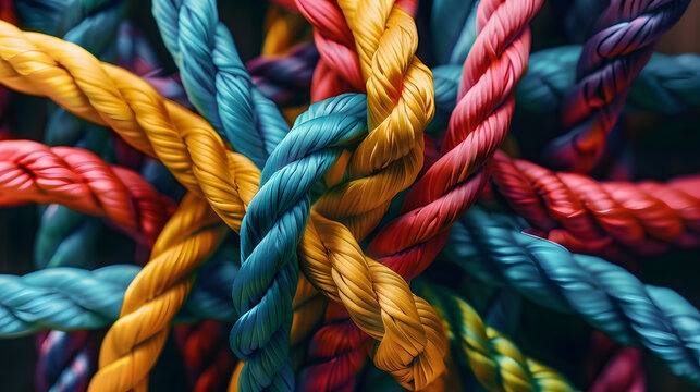 Team rope diverse strength connect partnership together teamwork unity communicate support. Strong diverse network rope team concept integrate braid color background cooperation empower power.