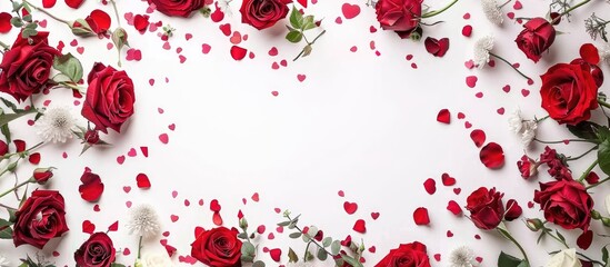 Valentine's Day floral arrangement with a circular frame of roses and confetti on a white backdrop. Romantic background with copy space, viewed from above.