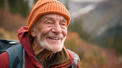 Happy elderly man in an orange beanie and red jacket with a backpack enjoying the views of the autumn forest. The concept of enjoying nature and active longevity.