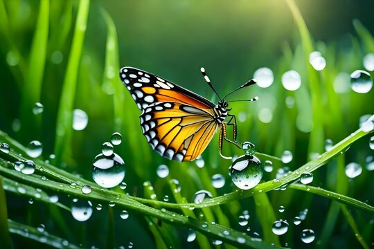 Drops transparent water on grass and butterfly outdoors