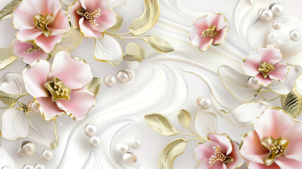 Mother of pearl flowers with golden leaves on a beige background
