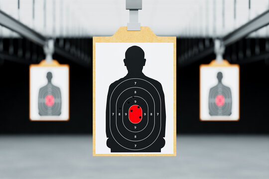 Human silhouette shooting target with red bullseye on clipboard