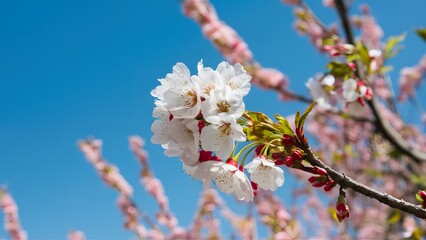 Outdoor springtime nature with white cherry blossom, blue background