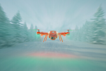 Emergency Medical Assistance Drone Navigating Snowy Forest in Winter