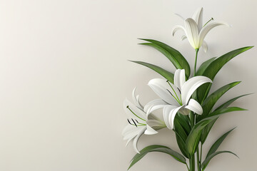 a beautiful flower bouquet of lilies on a light background in a minimalistic style with a place for text