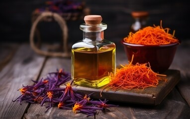 Dried saffron spices in a bottle and saffron flower on a wooden table