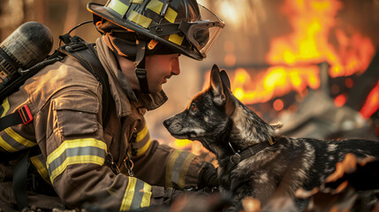 A firefighter shares a moment with a search dog against the backdrop of a raging fire, highlighting their brave partnership.