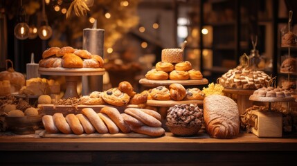Different types of bread in the bakery on wooden counter