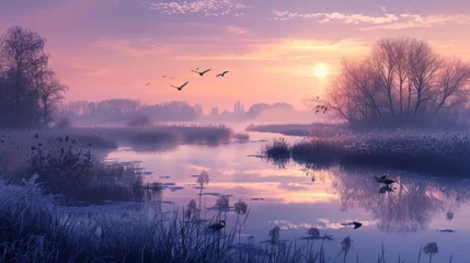 Foto op Plexiglas Birds Flying Over River at Sunset © Prostock-studio