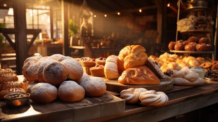 Different types of bread in the bakery on a counter - obrazy, fototapety, plakaty