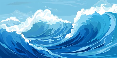 Animated cartoon waves in deep oceanic blue and cerulean, creating a fun and dynamic illustration that exudes energy and motion.