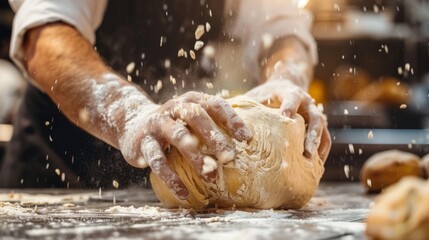 Baker's hands knead dough in bakery